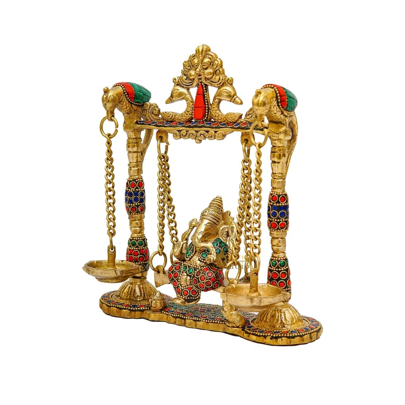 Brass Ganesha Idol On Jhula Swing Home Diwali Décor Statue 9"