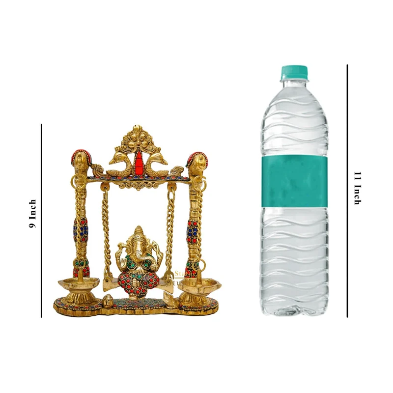 Brass Ganesha Idol On Jhula Swing Home Diwali Décor Statue 9"