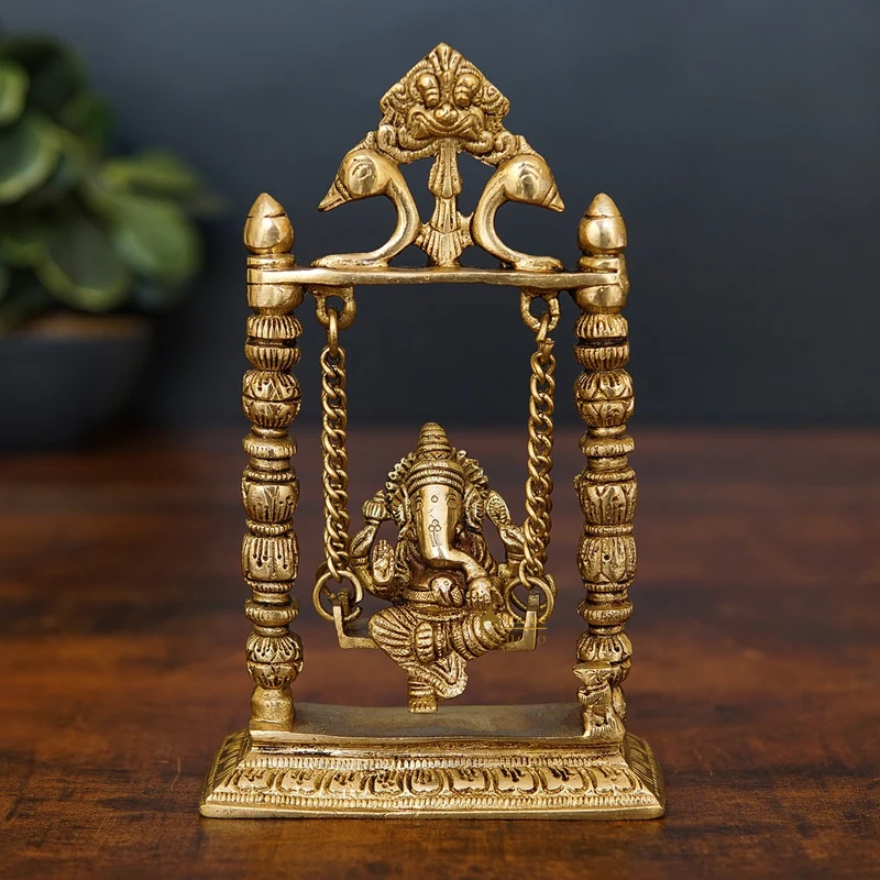 Brass Ganesha Idol On Jhula Swing Home Diwali Décor Statue 9"