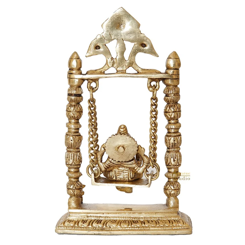 Brass Ganesha Idol On Jhula Swing Home Diwali Décor Statue 9"