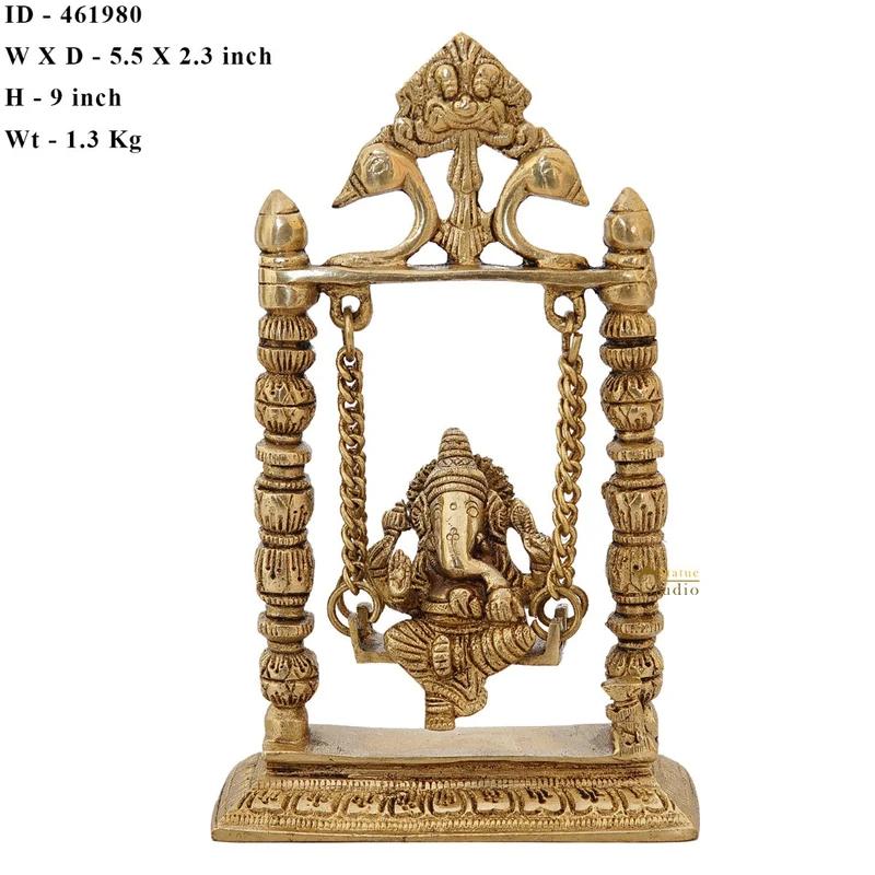 Brass Ganesha Idol On Jhula Swing Home Diwali Décor Statue 9"