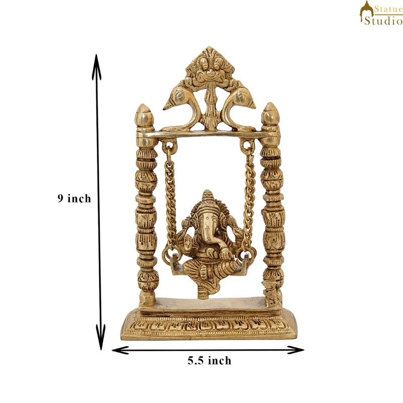 Brass Ganesha Idol On Jhula Swing Home Diwali Décor Statue 9"