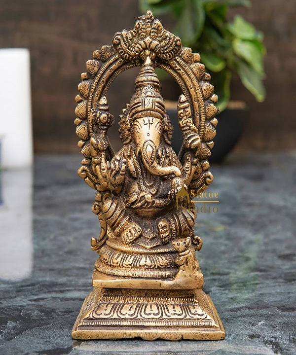 Brass Ganesha Statue Ganpati Idol Home Pooja Office Décor Diwali Gift Idol 6.5"