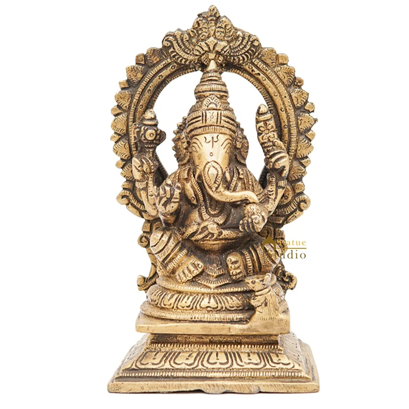 Brass Ganesha Statue Ganpati Idol Home Pooja Office Décor Diwali Gift Idol 6.5"