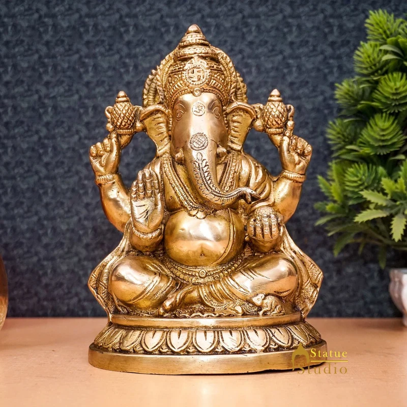 Brass Ganesha Statue Ganpati Sitting Idol Home Pooja Room Décor Gift 7.5"