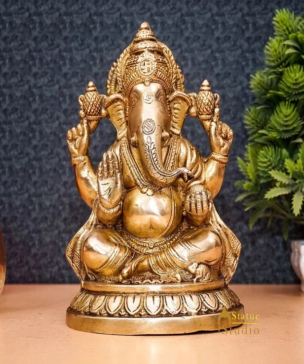 Brass Ganesha Statue Ganpati Sitting Idol Home Pooja Room Décor Gift 7.5"