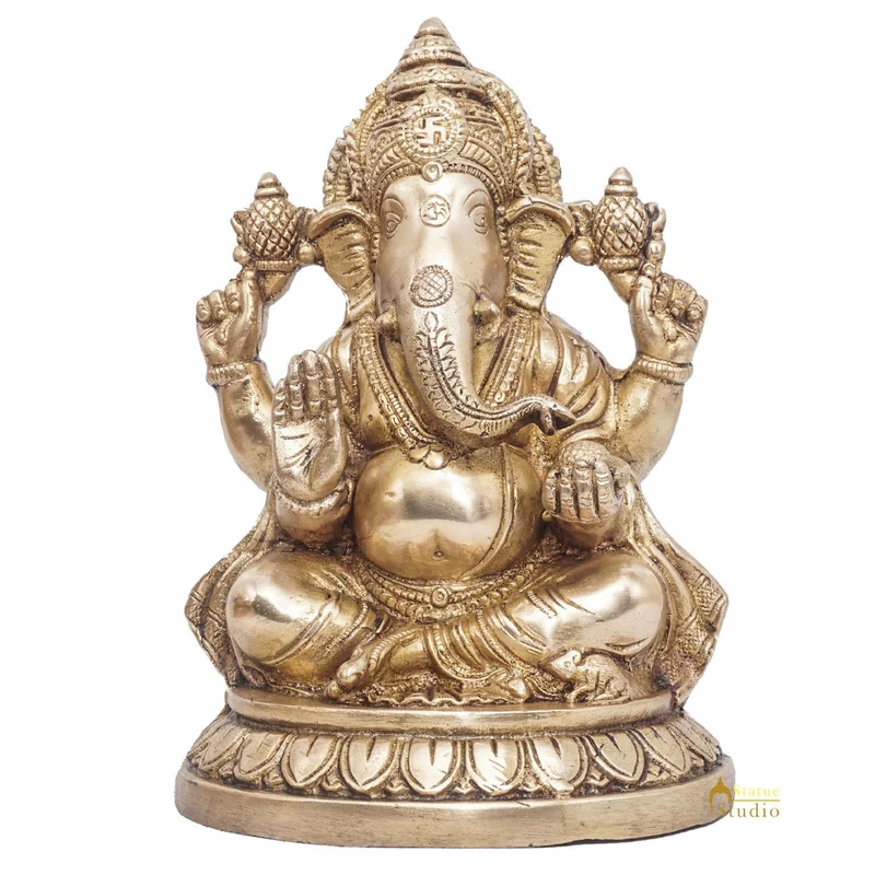 Brass Ganesha Statue Ganpati Sitting Idol Home Pooja Room Décor Gift 7.5"
