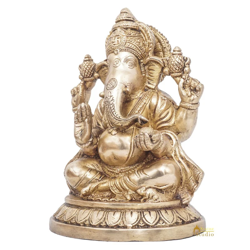 Brass Ganesha Statue Ganpati Sitting Idol Home Pooja Room Décor Gift 7.5"