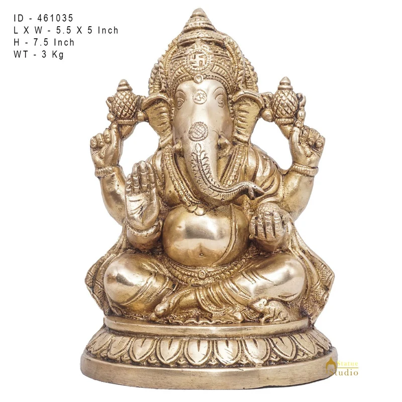 Brass Ganesha Statue Ganpati Sitting Idol Home Pooja Room Décor Gift 7.5"