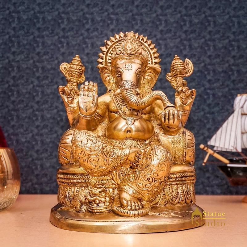 Brass Ganesha Statue Ganpati Sitting On Singhasan Idol Home Puja Décor Gift 7"