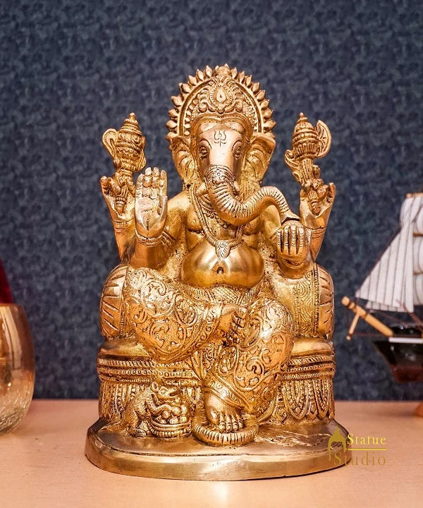 Brass Ganesha Statue Ganpati Sitting On Singhasan Idol Home Puja Décor Gift 7"
