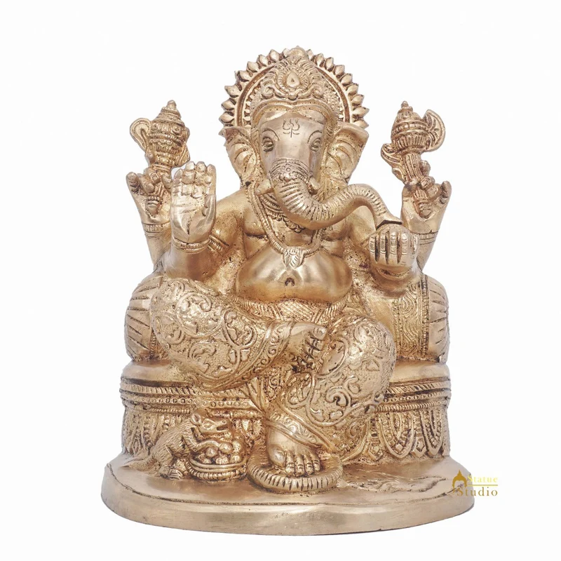 Brass Ganesha Statue Ganpati Sitting On Singhasan Idol Home Puja Décor Gift 7"