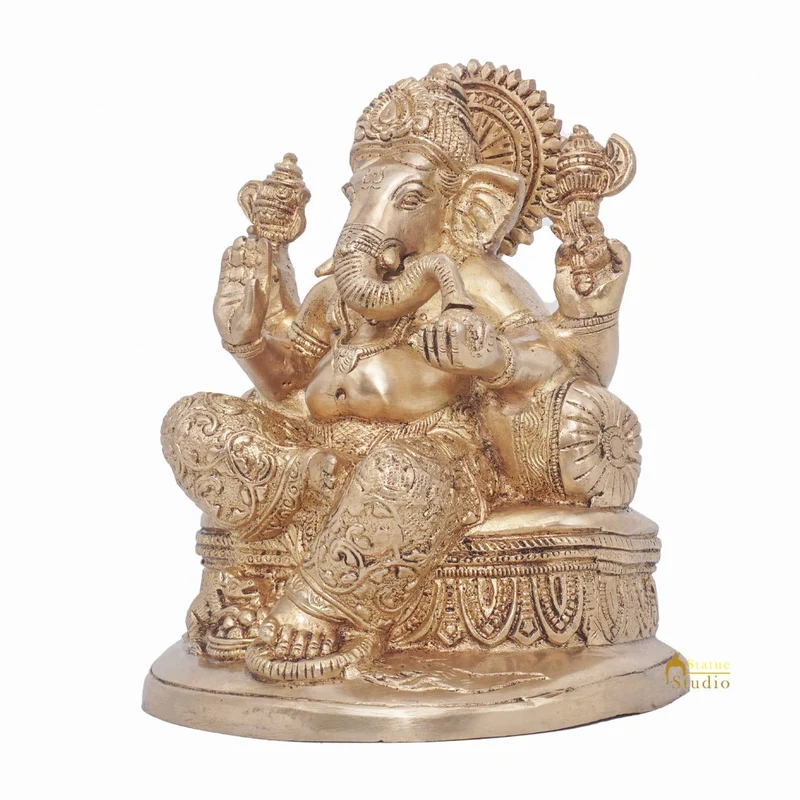 Brass Ganesha Statue Ganpati Sitting On Singhasan Idol Home Puja Décor Gift 7"