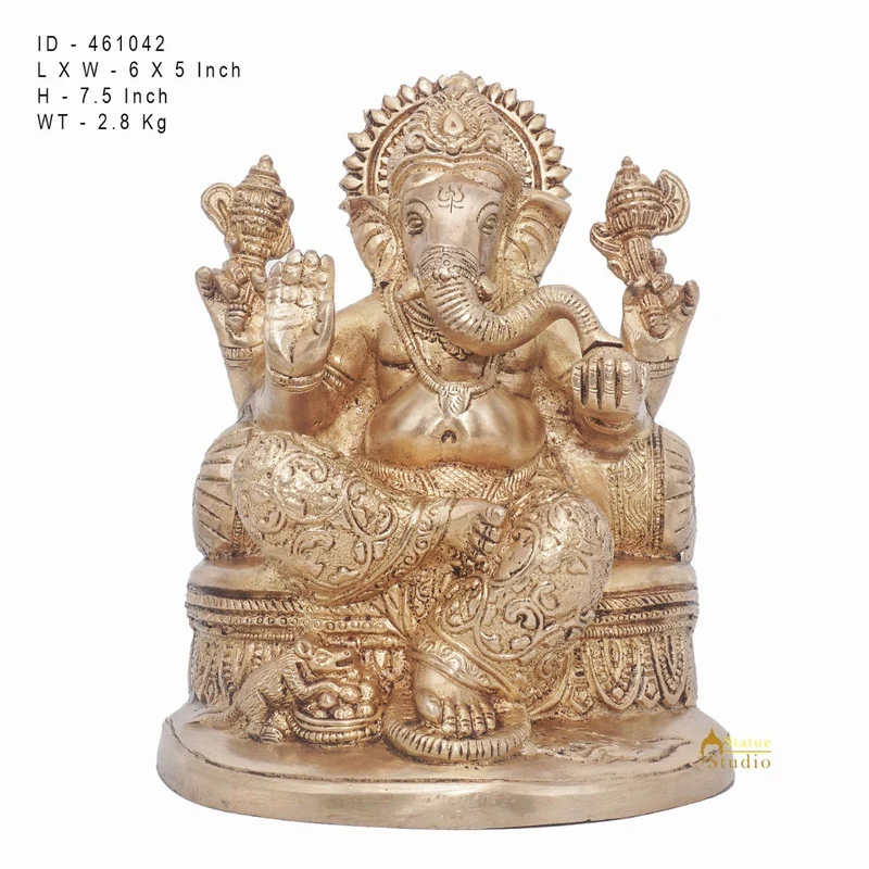 Brass Ganesha Statue Ganpati Sitting On Singhasan Idol Home Puja Décor Gift 7"