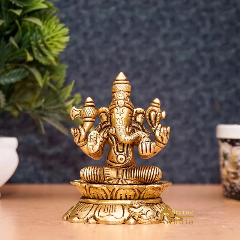 Brass Ganesha Statue Ganpati Sitting Small Idol Home Pooja Room Décor Gift 3"