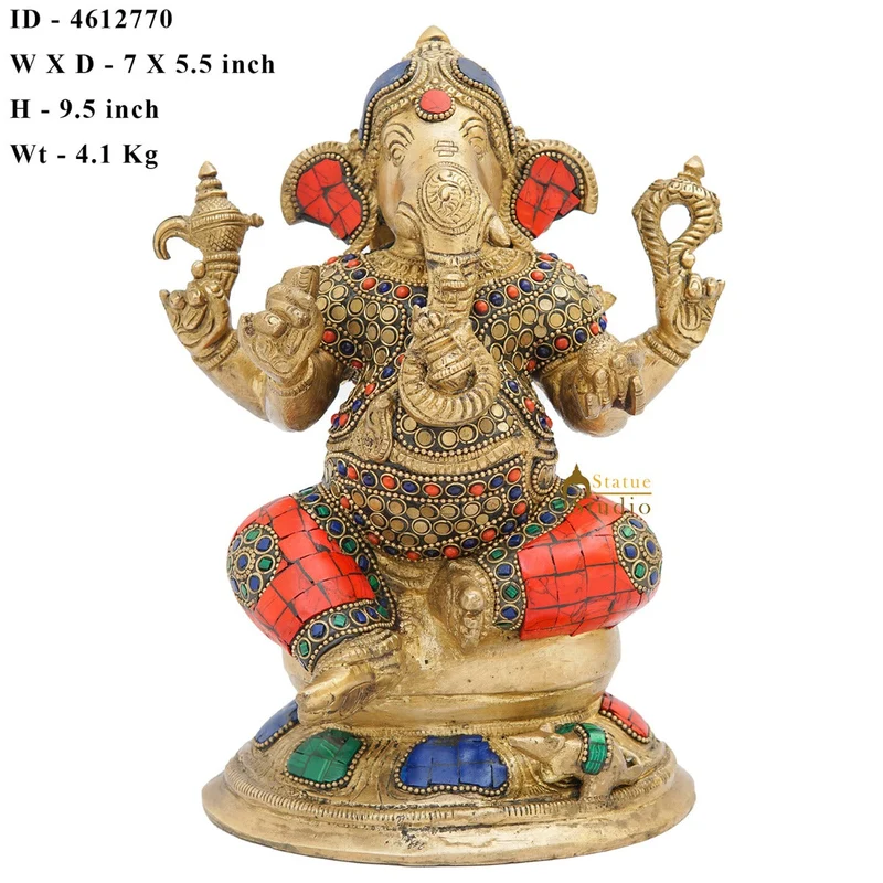 Brass Ganesha Statue On Base Sitting Idol Home Office Diwali Room Décor 9"