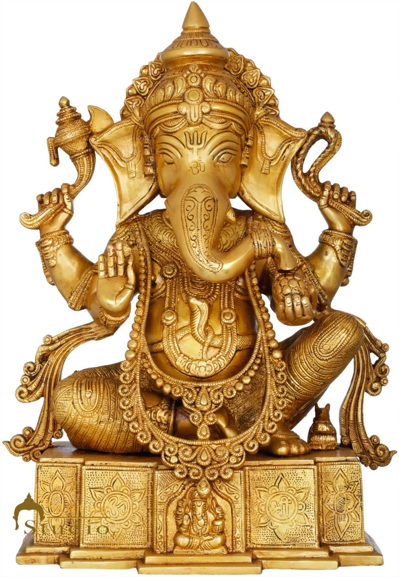 Brass Ganesha Statue Seated On OM Base Ganpati Idol Lucky Home Décor 18"