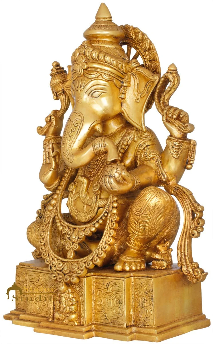 Brass Ganesha Statue Seated On OM Base Ganpati Idol Lucky Home Décor 18"