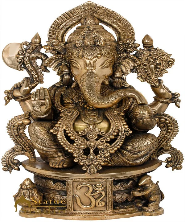 Brass Ganesha Statue Seated On OM Base Ganpati Idol Lucky Home Décor 2 Feet