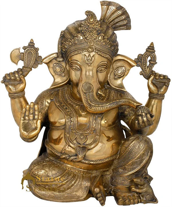 Brass Ganesha Statue Sitting Ganpati Idol Lucky Home Office Temple Garden Décor 21"