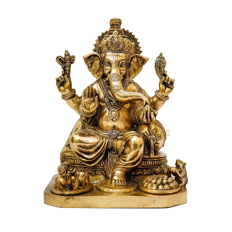 Brass Ganesha Statue Sitting Idol Home Office Diwali Room Décor Showpiece 12.5"