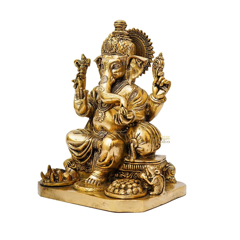 Brass Ganesha Statue Sitting Idol Home Office Diwali Room Décor Showpiece 12.5"