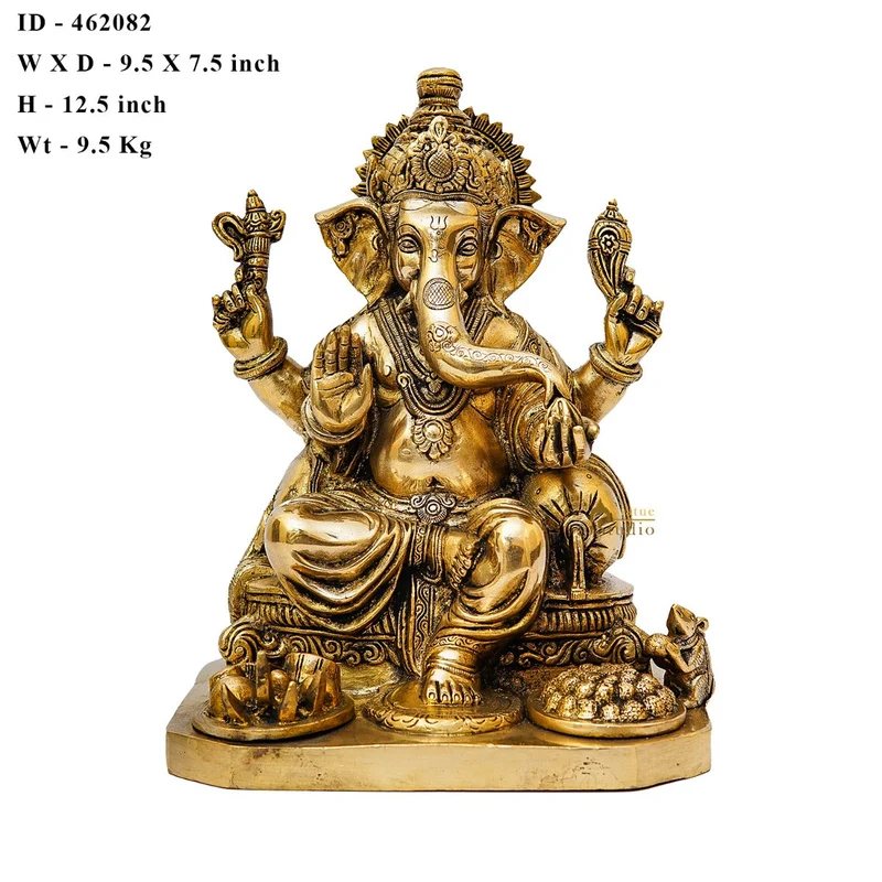 Brass Ganesha Statue Sitting Idol Home Office Diwali Room Décor Showpiece 12.5"
