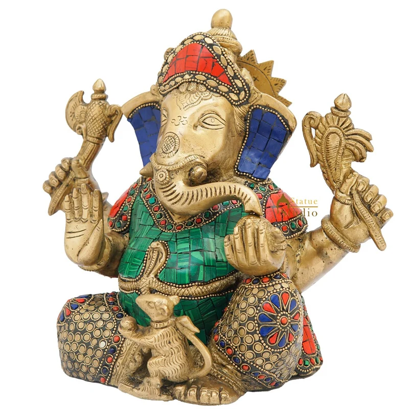Brass Ganesha Statue Sitting Idol Home Office Diwali Room Décor Showpiece 9"