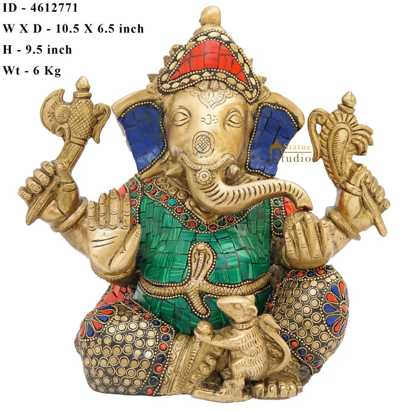 Brass Ganesha Statue Sitting Idol Home Office Diwali Room Décor Showpiece 9"
