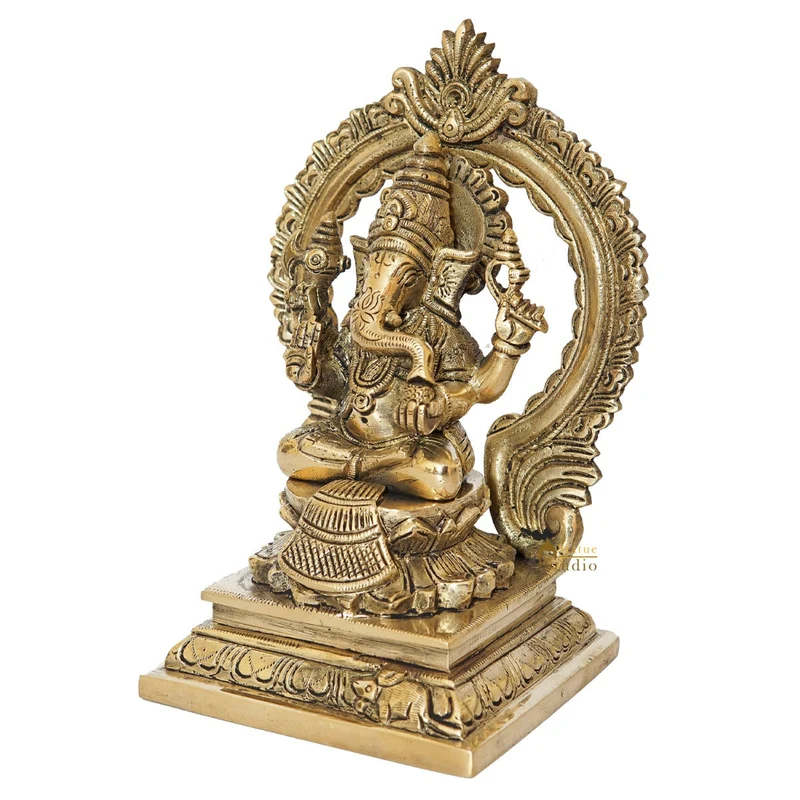 Brass Ganesha Statue With Frame Ganpati Idol Home Diwali Décor Gift 7"