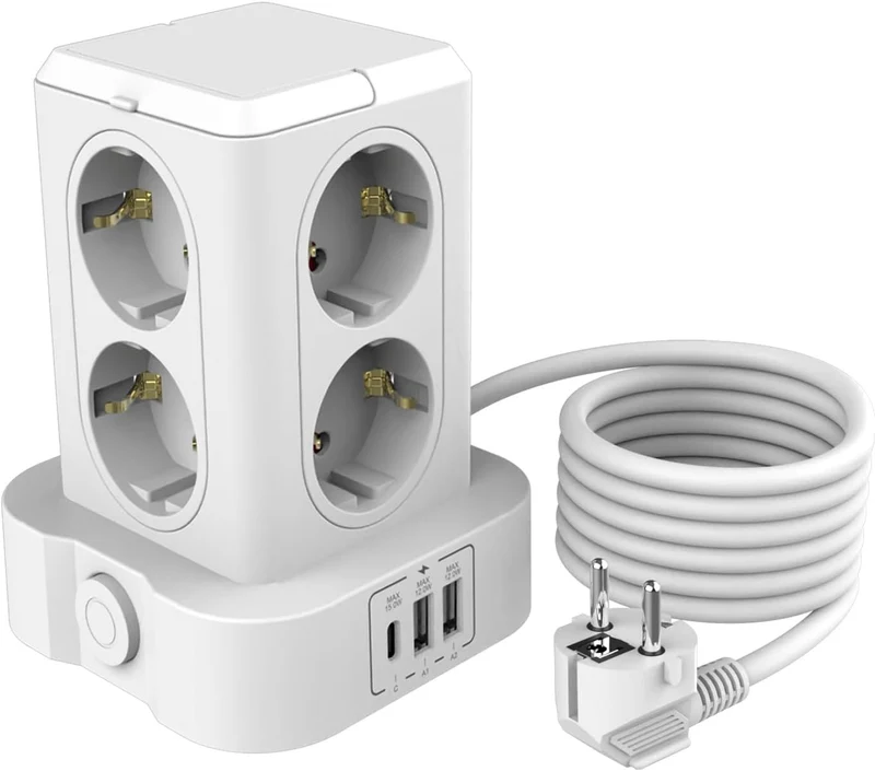 Steckdosenturm 8-Fach 3 USB 3680W 16A 2m Überspannungsschutz