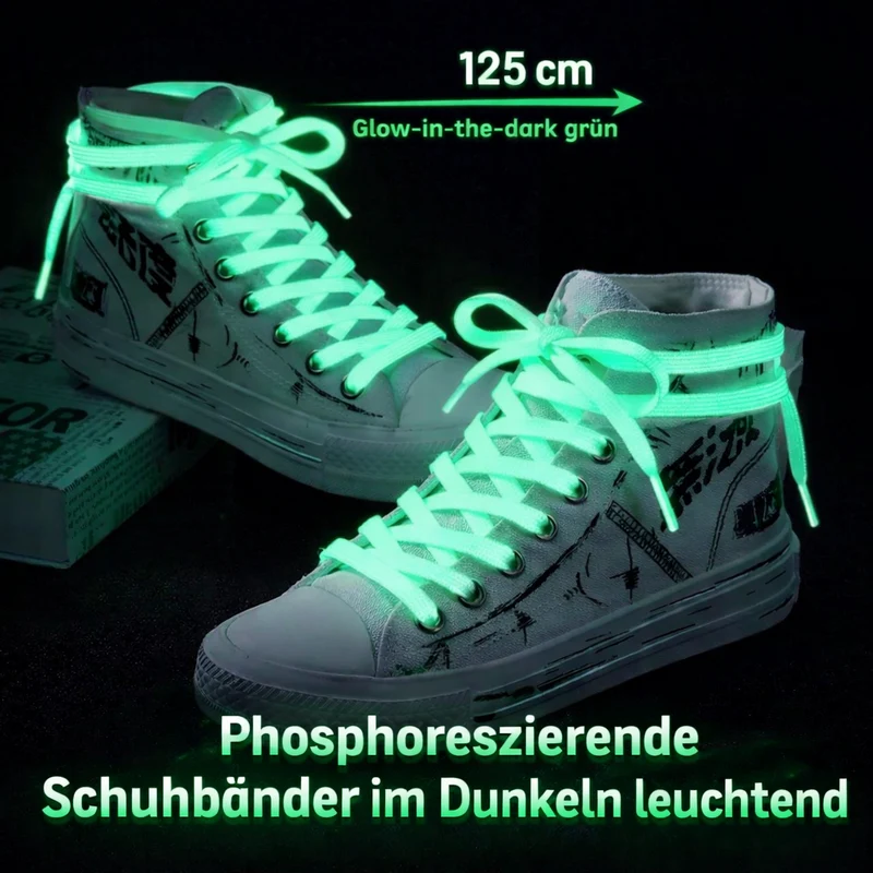 Weiße phosphoreszierende Schnürsenkel 125 cm – Leuchtend im Dunkeln Grün, flach & robust