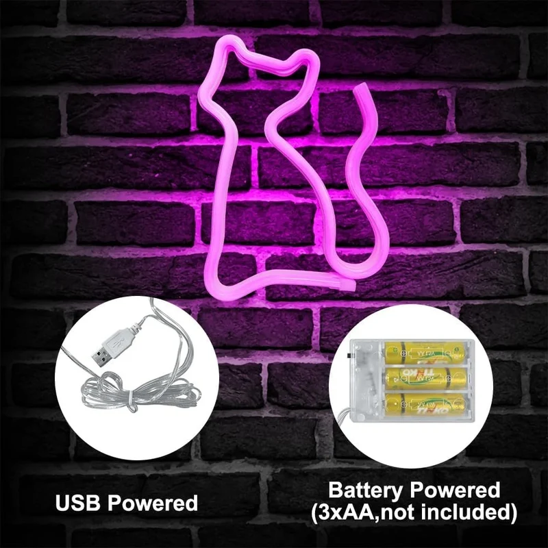 LED Neon Katze Lampe Nachtlicht mit Sockel Tischdeko Kinderzimmer Geschenk