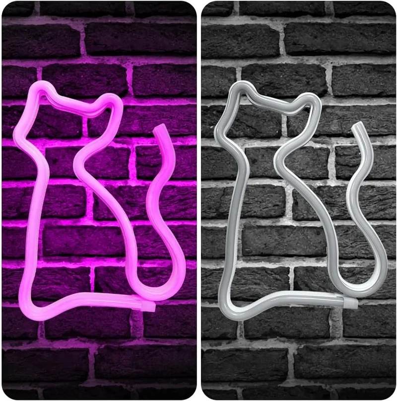 LED Neon Katze Lampe Nachtlicht mit Sockel Tischdeko Kinderzimmer Geschenk