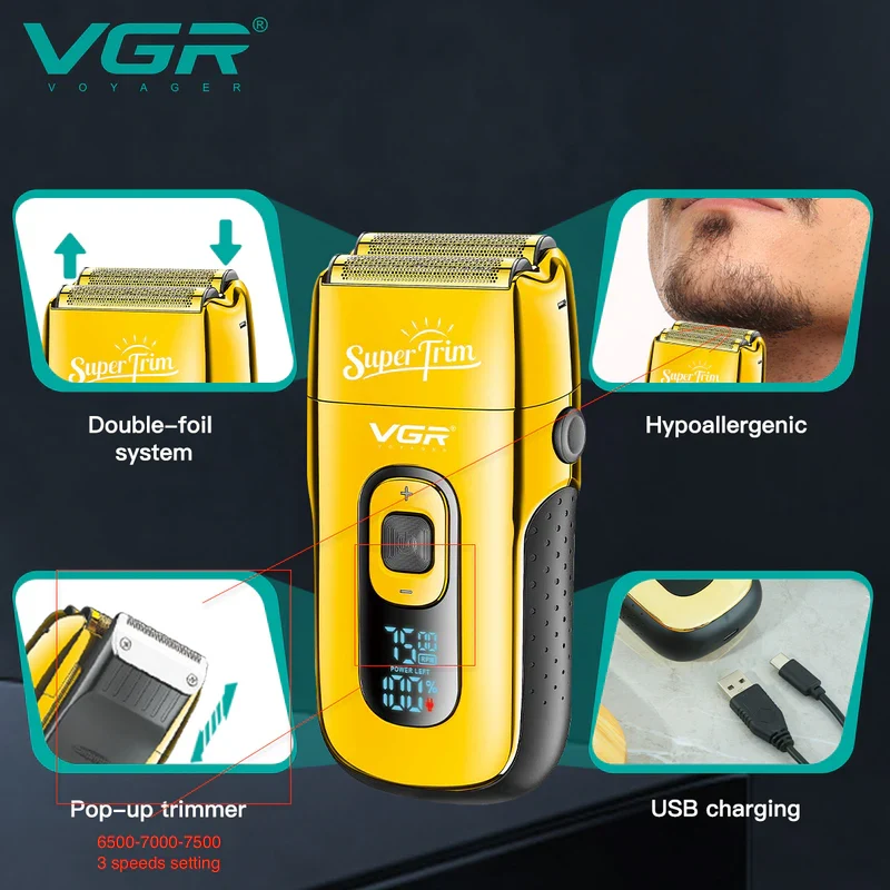 VGR V-332 Professional Foil Shaver for men, 150-Minute Runtime, Dual Independent Foils | Cordless & Corded Use with 1 Year Warranty (Gold)