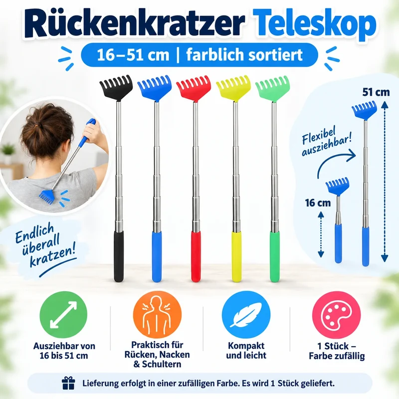 Teleskop Rückenkratzer ausziehbar aus Edelstahl – Rückenkratzer mit verschiedenen Modellen, kompakt für Rücken Nacken Schulter
