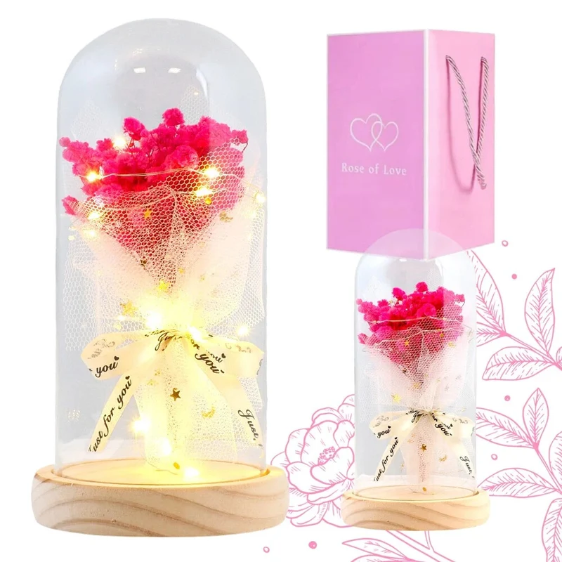 Rosa Schleierkraut Blumenstrauß in Glaskuppel mit LED – Geschenkidee🌸🌸🌸