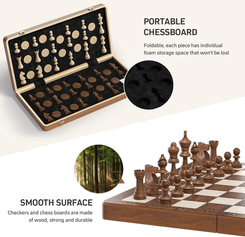 Magnetisches Schachspiel 2in1 Holz klappbar 39cm mit Dame Set für Kinder & Erwachsene
