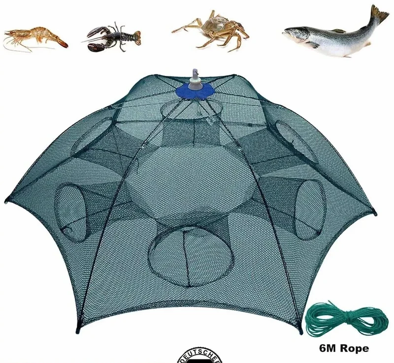 Faltbare Fischfalle mit 6 Eingängen – Reuse aus Nylon für Fische, Garnelen und Krebse inklusive 6 m Seil