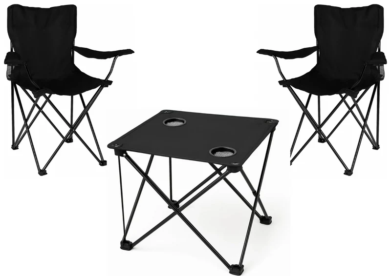 2x Klappstuhl Grün + 1x Campingtisch Schwarz Set – Faltbar mit Getränkehalter