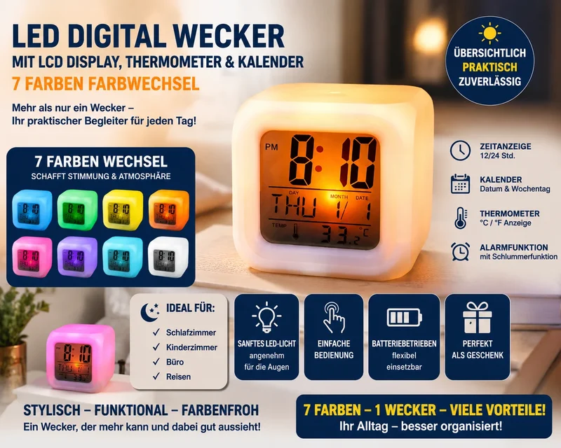 Retoo Digitaler LED Wecker mit 7-Farben-Lichtwechsel – LCD Alarmuhr mit Thermometer, Kalender, Datum & Schlummerfunktion