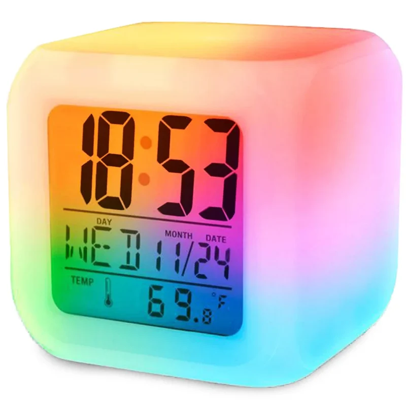 Retoo Digitaler LED Wecker mit 7-Farben-Lichtwechsel – LCD Alarmuhr mit Thermometer, Kalender, Datum & Schlummerfunktion