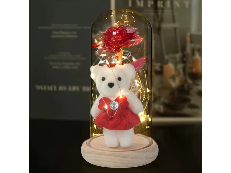 LED Ewige Rose im Glas mit Teddybär romantisches Geschenk für Frauen