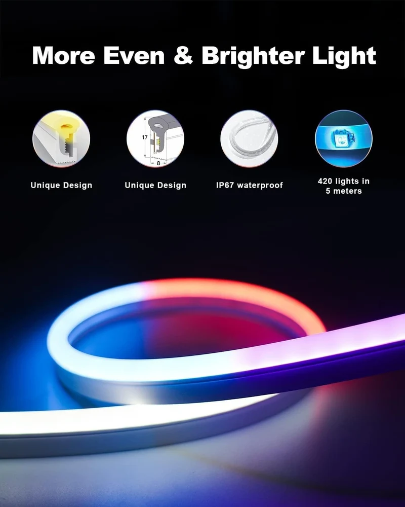 Neon LED Strip 5m RGB-IC Licht mit Musiksteuerung & Alexa für Wanddeko IP65
