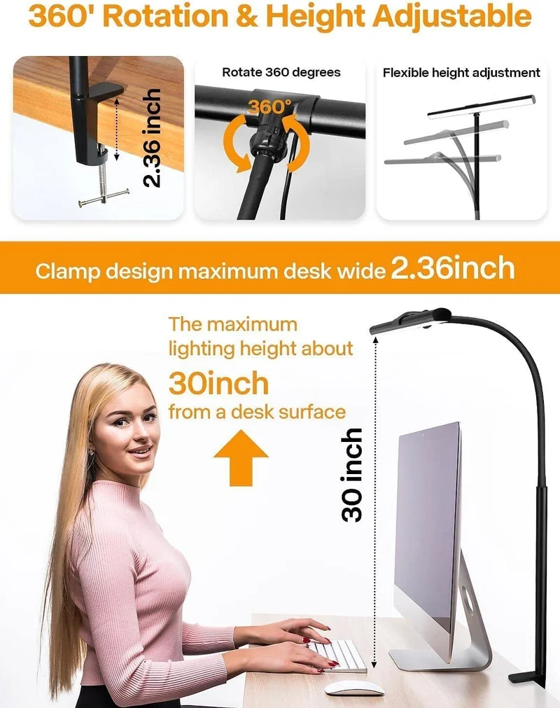 LED Schreibtischlampe klemmbar & dimmbar – 5 Farbtemperaturen, 5 Helligkeitsstufen, Schwanenhals Monitorlampe mit USB