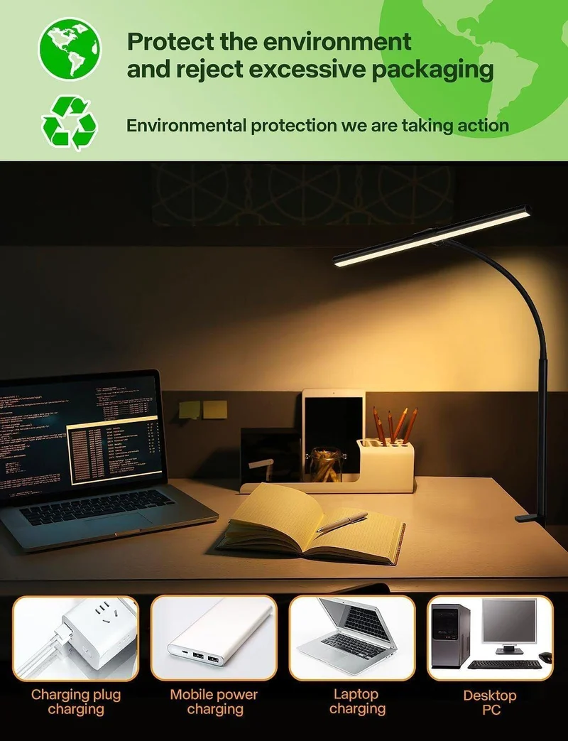 LED Schreibtischlampe klemmbar & dimmbar – 5 Farbtemperaturen, 5 Helligkeitsstufen, Schwanenhals Monitorlampe mit USB